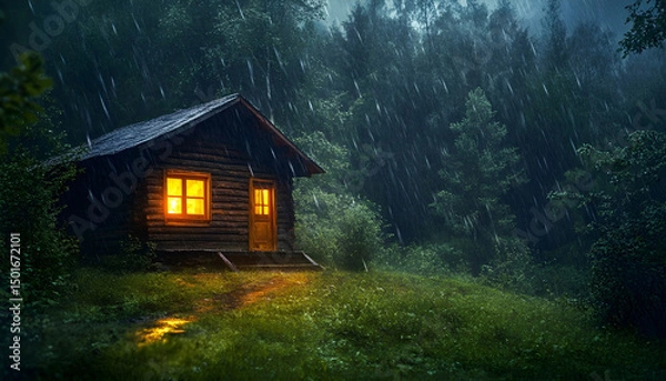 Fototapeta a cozy wooden cabin hidden deep in a misty forest at night, heavy thunderstorm, rain pouring from the sky, warm yellow light glowing through the windows
