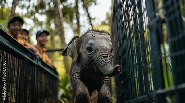 Obraz A Baby Elephant's Curious Gaze Through the Fence