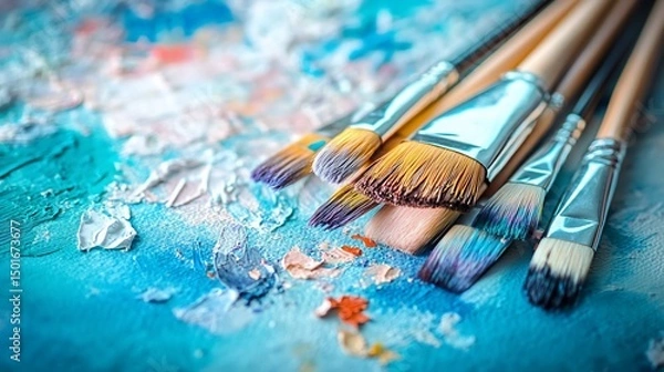 Fototapeta Vibrant Hues: A Close-Up of Paintbrushes on a Textured Canvas