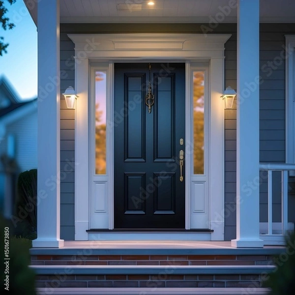 Fototapeta The front view of a black front door on a warm gray house