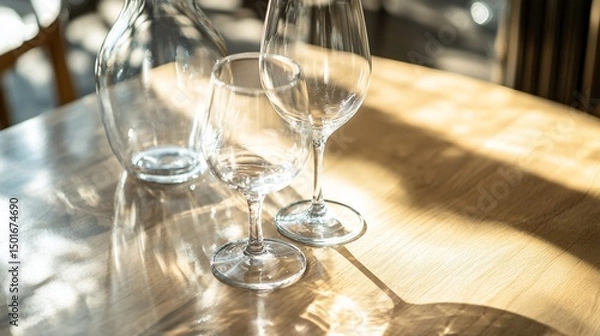Obraz Sunlit Wine Glasses and Decanter on Wooden Table