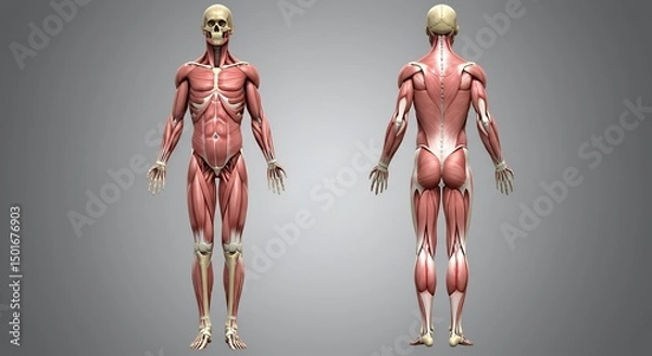 Fototapeta Detailed 3D Render of Human Muscular System: Front and Back Views
