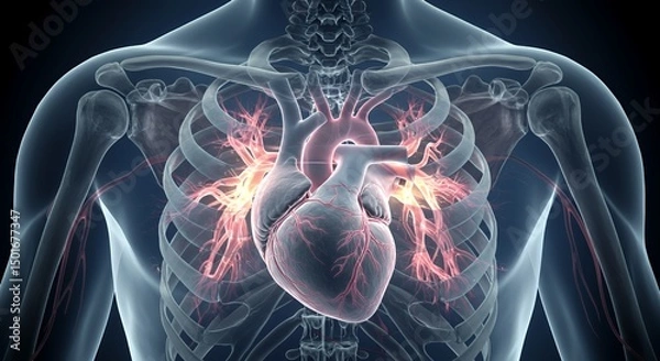 Fototapeta Human Heart Anatomy: Detailed 3D Model of the Cardiovascular System
