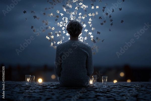 Obraz Person Dissolving into Puzzle Pieces under the Night Sky