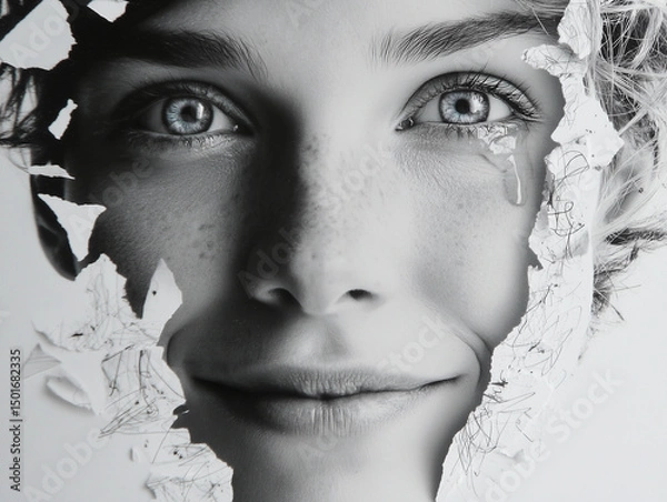 Obraz A cracked face revealing raw emotion and a teardrop, symbolizing hidden pain, trauma, or the mask people wea