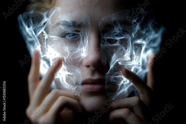 Obraz A person pulls away a translucent digital mask, revealing hidden identity or psychological struggles.