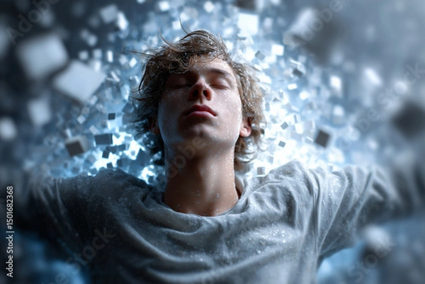 Obraz A young person floats in a digital space surrounded by cubes, symbolizing mental dissociation, digital fatigue, or emotional escape.