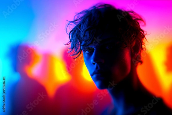 Obraz  A young person in a vivid gradient background surrounded by blurred silhouettes, symbolizing dissociation, emotional turmoil, or mental fragmentation.