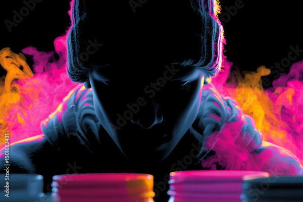 Obraz  Person in Hoodie Surrounded by Neon Vapor and Bottles