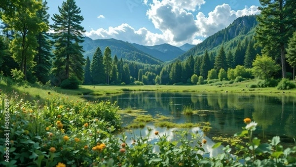 Obraz Tranquil Meadow by the Alpine Lake