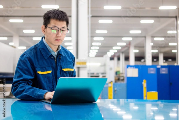 Fototapeta Asian engineers using laptop in factory