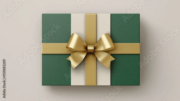 Fototapeta Thoughtfully wrapped green gift box with gold ribbon sits elegantly on a neutral background