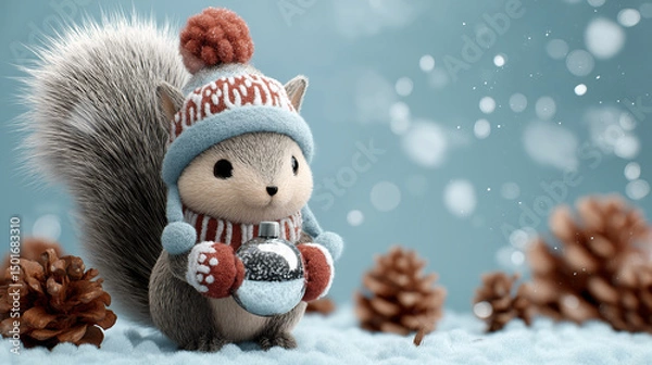 Fototapeta Cute squirrel in a winter hat holding a shiny ornament surrounded by pine cones on a snowy background