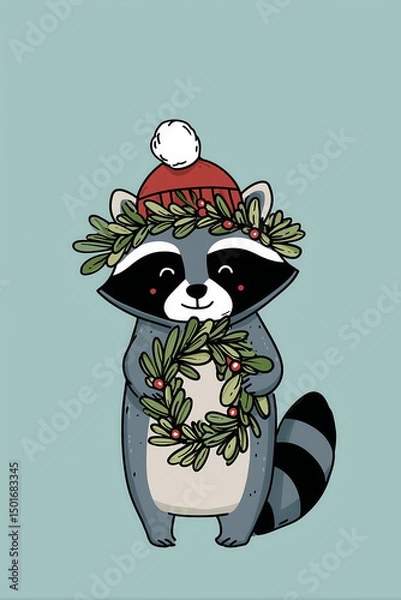 Fototapeta Cute raccoon wearing a red hat holding a holiday wreath with greenery and berries in a cheerful winter setting