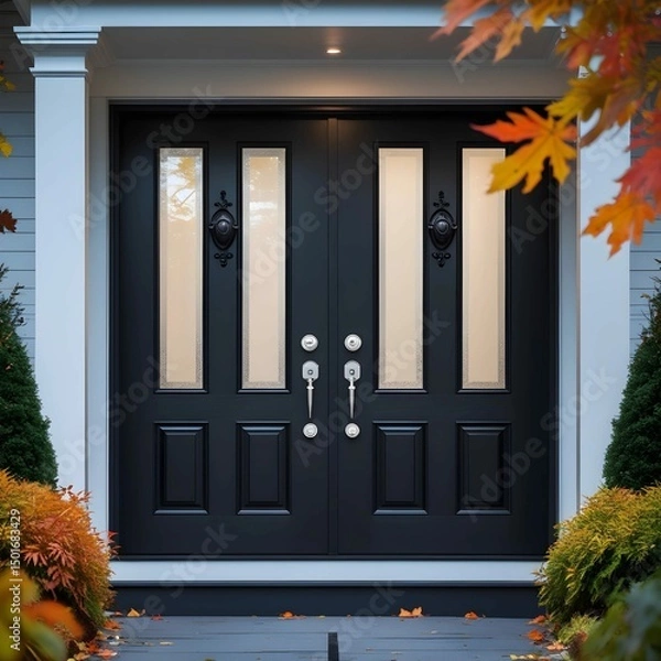 Fototapeta An exquisite entryway in New England featuring commanding black front double doors