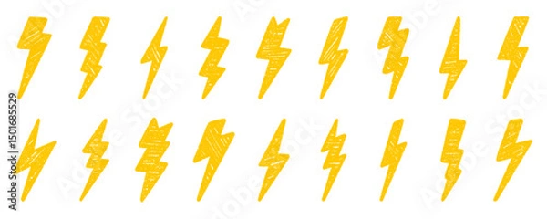 Fototapeta Crayon thunder doodle set. Chalk pencil lightning in sketch style. Hand drawn vector illustration isolated on white background.