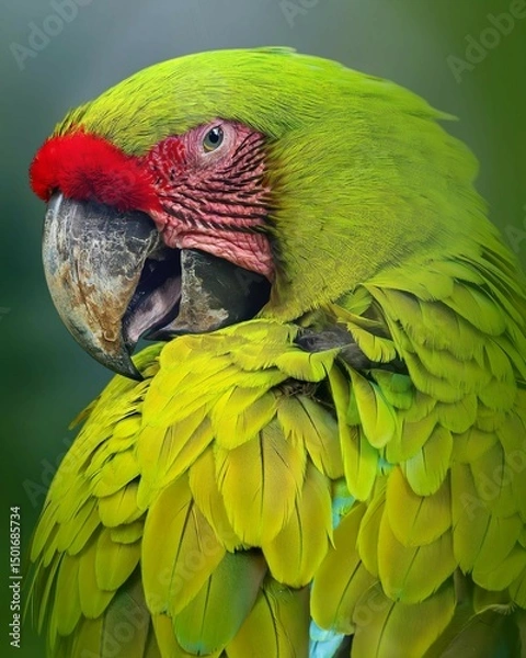 Obraz Close up portrait of a Green Macaw with bright feathers and expressive eyes, against a blurry natural background. The beauty of a captivating tropical bird