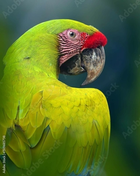 Obraz Close up portrait of a Green Macaw with bright feathers and expressive eyes, against a blurry natural background. The beauty of a captivating tropical bird
