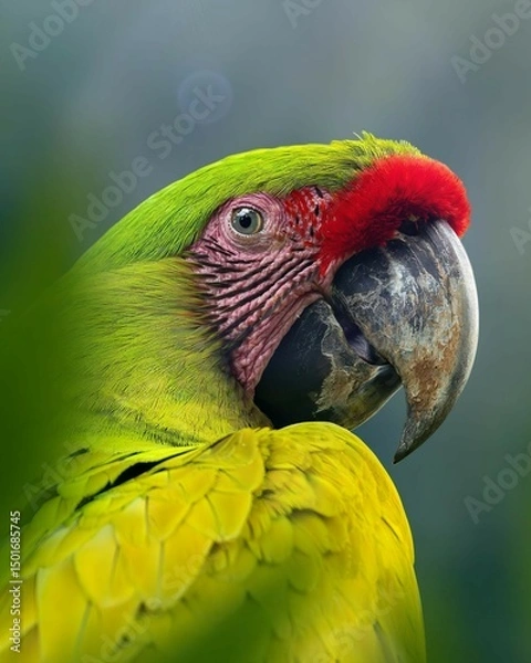 Obraz Close up portrait of a Green Macaw with bright feathers and expressive eyes, against a blurry natural background. The beauty of a captivating tropical bird