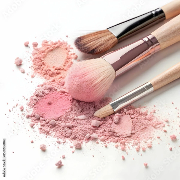 Fototapeta pink powder spread with brushes rubbing each other