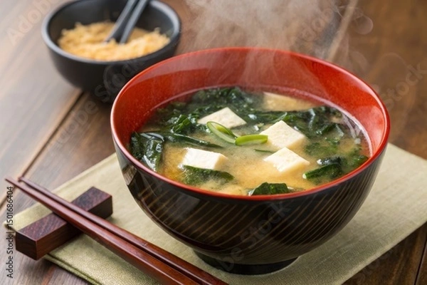 Fototapeta Gently rising steam from miso soup in a lacquerware bowl with tofu and wakame kitchen setting food photography warm and inviting atmosphere culinary delight