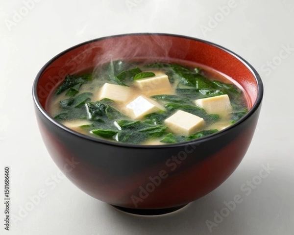 Fototapeta Enjoying miso soup in a traditional lacquerware bowl with tofu and wakame kitchen setting food photography warm atmosphere close-up view culinary delight