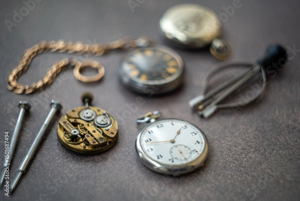 Fototapeta The mechanism of the pocket watch on the table. The workplace of a watchmaker.