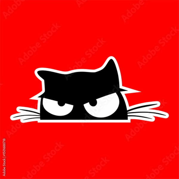 Fototapeta Grumpy Cartoon Cat Peeking with Angry Eyes on Red Background
