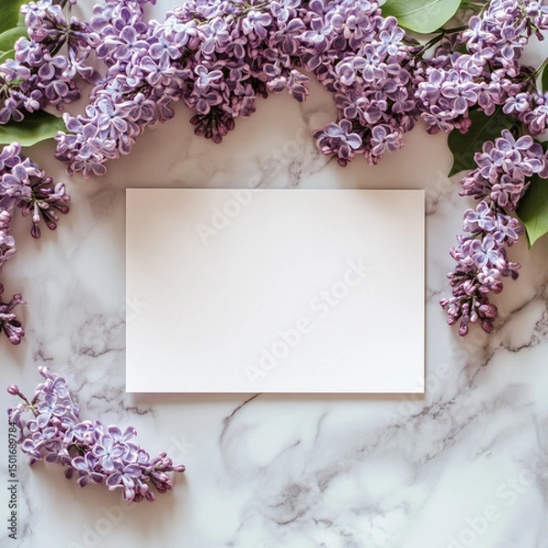Fototapeta Elegant blank card surrounded by lilac blossoms on marble. ai generated