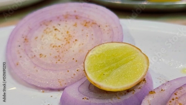 Fototapeta Selective focus on Onion and Lemon.