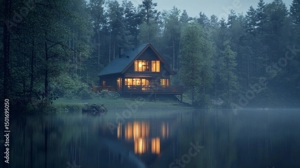 Fototapeta 127. Lakeside cabin with ambient lighting and reflection in water