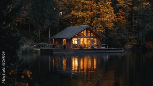 Fototapeta 127. Lakeside cabin with ambient lighting and reflection in water