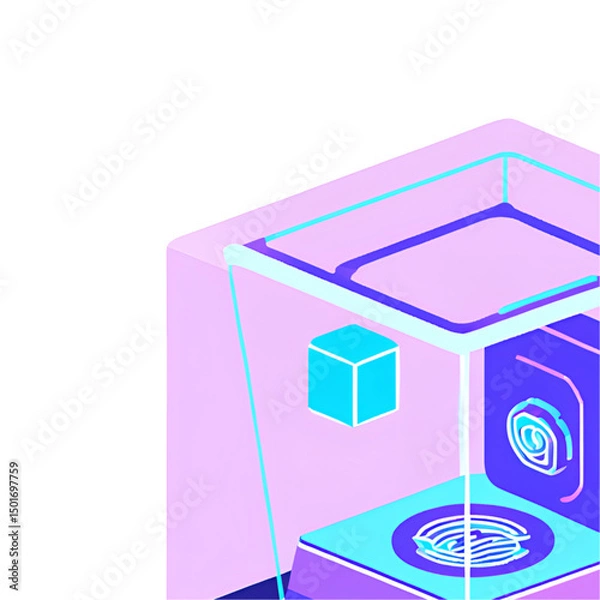 Fototapeta High-tech 3D printer icon in isometric view, neon cyan and lavender glow, transparent frame with visible mechanics, printing floating geometric object with Modern design