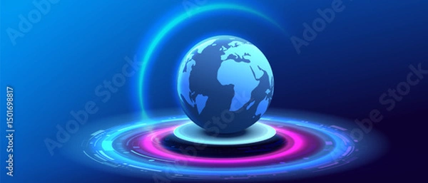 Obraz Big data world network. Globe Ai background. Round earth on technology podium banner. Artificial Intelligence futuristic sphere network connect vector design.