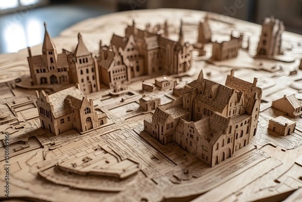 Fototapeta Detailed Wooden City Model Architecture Depicting Urban Landscape Design