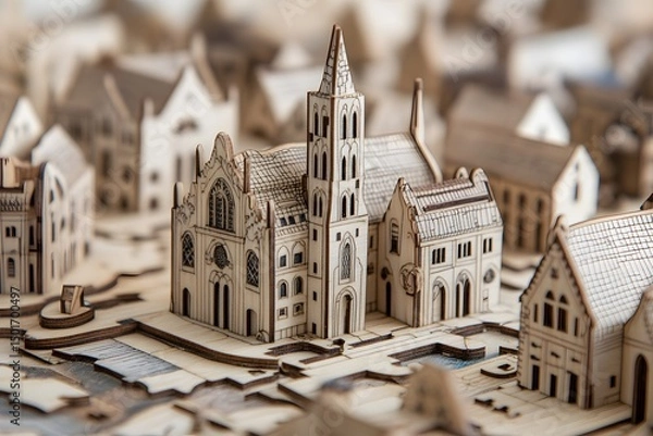 Fototapeta Detailed Architectural Model of a Miniature European City Made of Wood