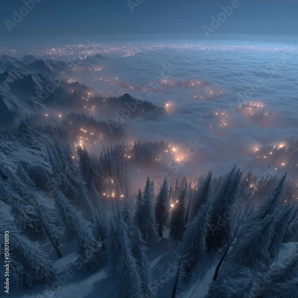 Fototapeta A breathtaking view of snow-covered pine trees and majestic mountains emerging from a sea of ethereal fog, with distant city lights twinkling in the twilight sky.