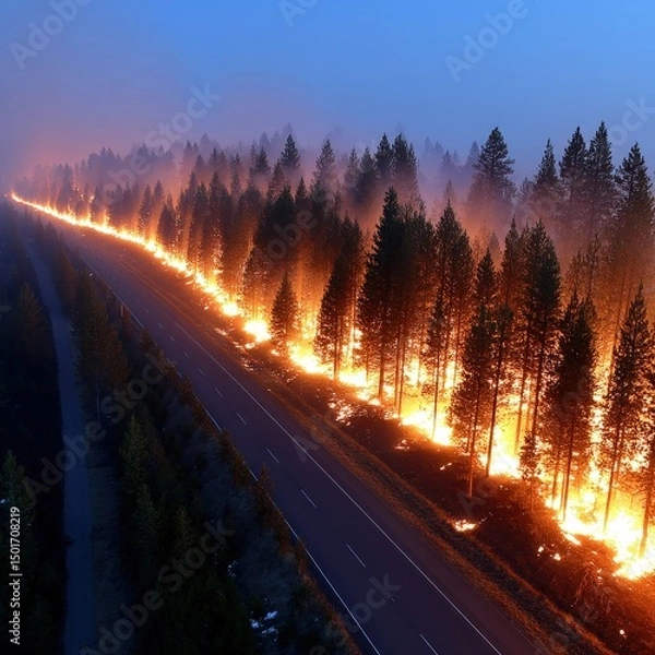 Fototapeta A dangerous wildfire burns along a forest road at dusk, creating a dramatic scene of destruction and highlighting the urgent need for fire prevention and safety.