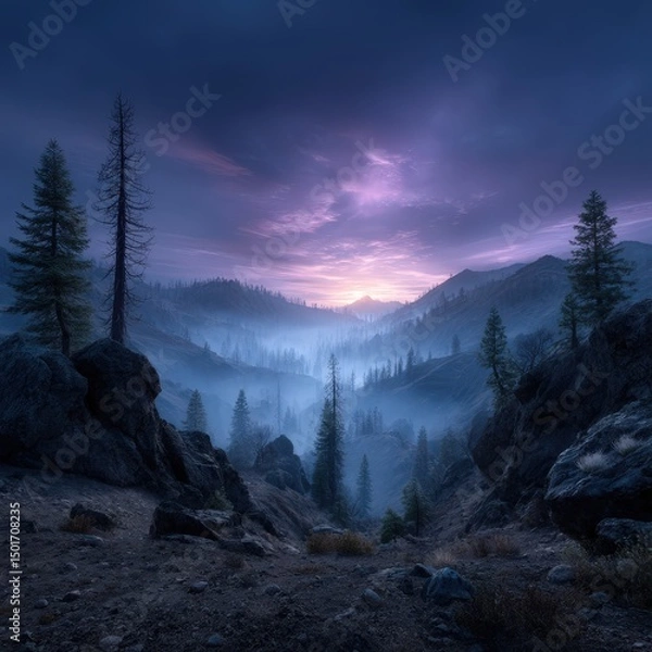 Fototapeta The majestic mountain valley is shrouded in a mystical fog at twilight, with silhouetted trees and rocks adding to the scenic drama and serene mood.