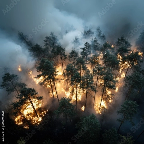 Fototapeta An aerial view shows the devastating effects of a wildfire consuming a forest, with thick smoke rising from the flames and engulfing the trees in a destructive blaze.