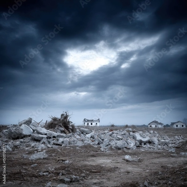 Fototapeta Amidst rubble and ominous clouds, the desolate landscape reveals ruined houses under a stormy sky, evoking feelings of abandonment and loss in the aftermath.