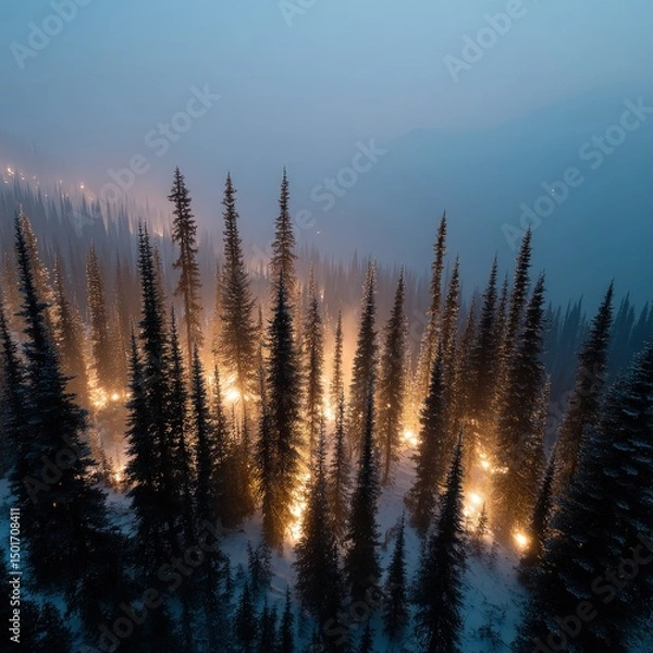Fototapeta An aerial view captures the ethereal glow of lights led among snow-covered evergreen trees, creating a magical winter forest scene at dusk, so serene.