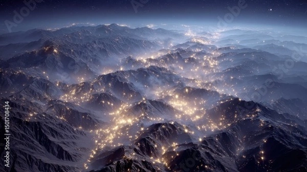 Fototapeta Aerial view showcasing a majestic mountain range illuminated by scattered city lights, creating a captivating contrast against the dark night sky and misty atmosphere.