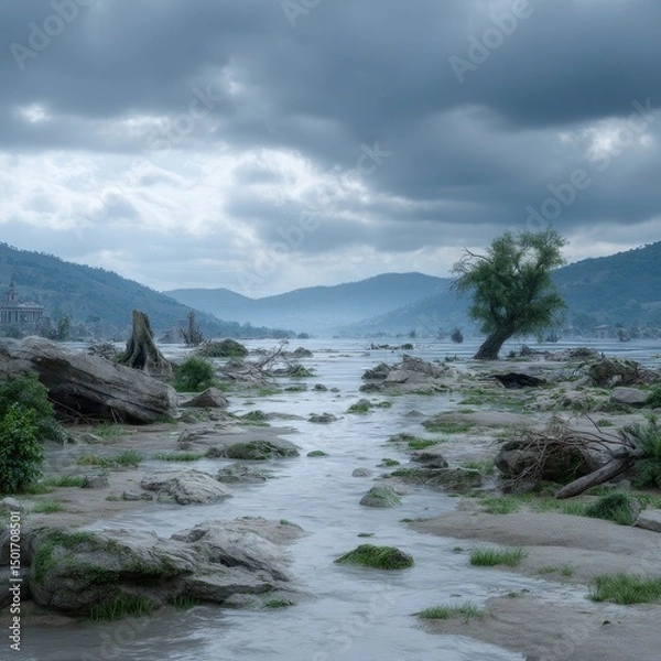 Fototapeta A serene river flows gently through a rocky landscape, reflecting the cloudy sky above as mountains fade into the misty distance on a calm overcast day.