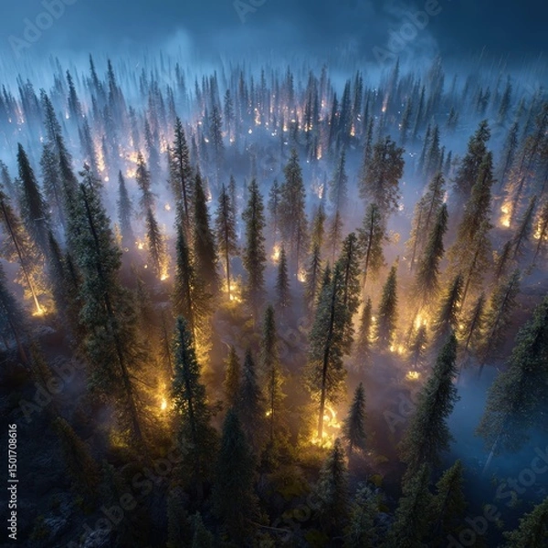 Fototapeta An ethereal foggy forest is softly illuminated by unseen lights, creating a mystical and enchanting nocturnal atmosphere among the tall evergreen trees.