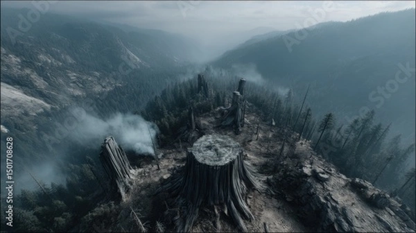 Fototapeta An aerial view captures the stark reality of deforestation as tree stumps dot a mountain ridge veiled in mist against a backdrop of dense forests stretching afar.