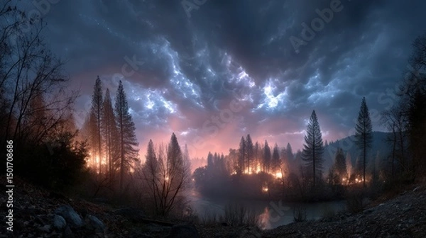 Fototapeta The dramatic twilight sky illuminates the serene forest landscape with a soft glow reflecting in the calm waters creating a tranquil and picturesque scene at dusk.