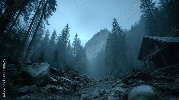 Fototapeta A moody landscape shows a narrow rocky path leading into a foggy forest with towe evergreens and a distant mountain, creating a tranquil, peaceful scene.