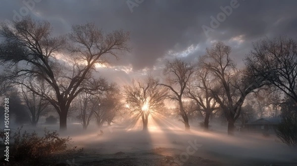 Fototapeta The sun's radiant beams pierce through the dense fog and bare trees in a tranquil winter landscape, creating a scene of ethereal beauty and serene atmosphere.