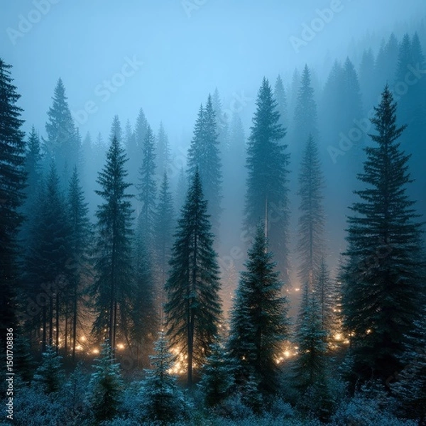 Fototapeta Ethereal light glows beneath a forest of tall evergreens shrouded in dense blue mist, creating a serene and mystical winter landscape at twilight hour.